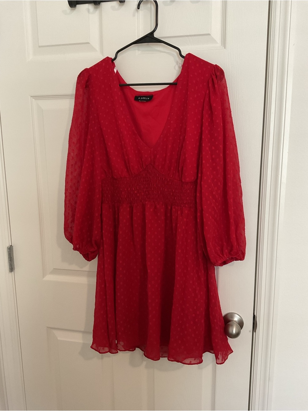 Red Smocked Waist V-Neck Mini Dress